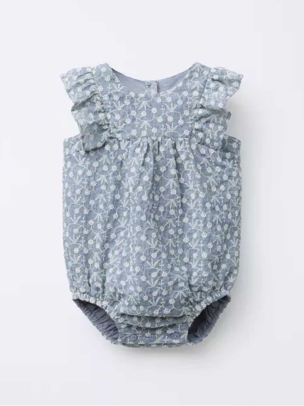 Zara Embroidered Floral Ruffle Romper — Blue Marl, 6-9 months, NWT